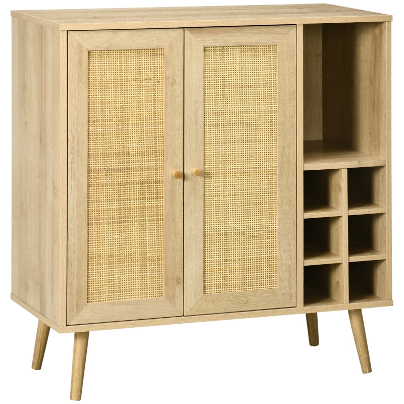 HOMCOM Aparador de Cozinha Móvel Buffet com 2 Portas de Vime Prateleira Aberta e Suporte para 6 Garrafas 83x39x88,5cm Madeira