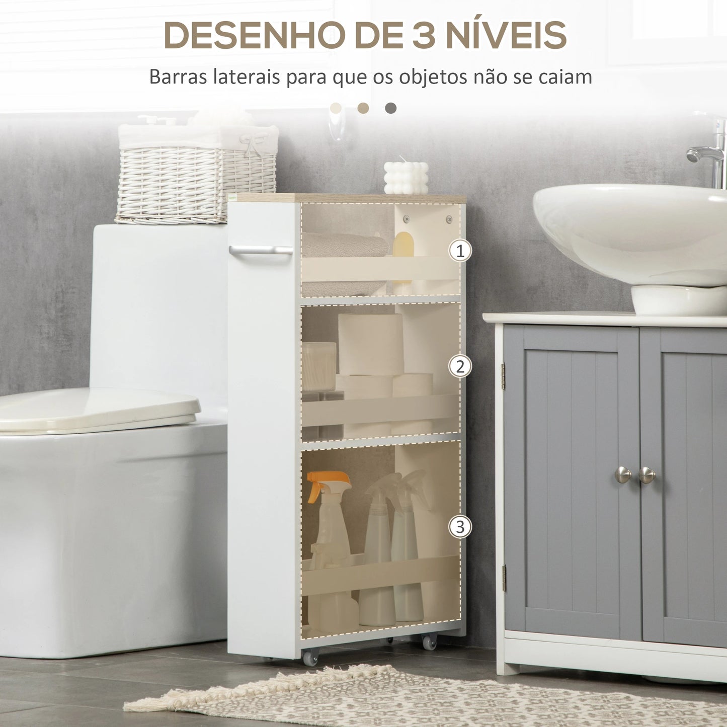kleankin Estante de Armazenamento Casa de Banho de 3 Níveis Estante Estreita com Alça Lateral Estante com Rodas 48x15x80cm Branco