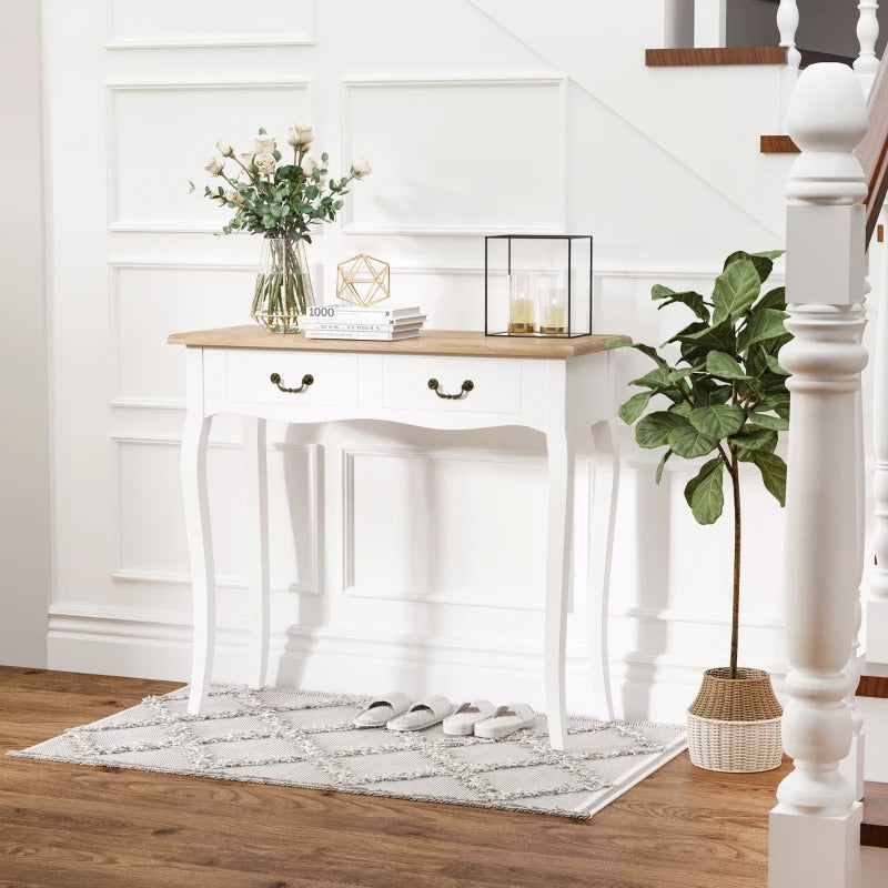 HOMCOM Mesa Consola Mesa Auxiliar com 2 Gavetas para Entrada Corredor Sala de Estar 87x34x78,5cm Branco e Madeira
