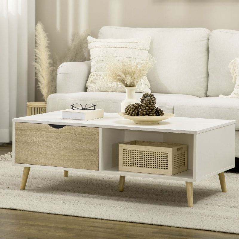 HOMCOM Mesa de Centro Retangular com 2 Gavetas e Compartimentos Abertos Estilo Nórdico 106x58x39,5cm Branco e Madeira