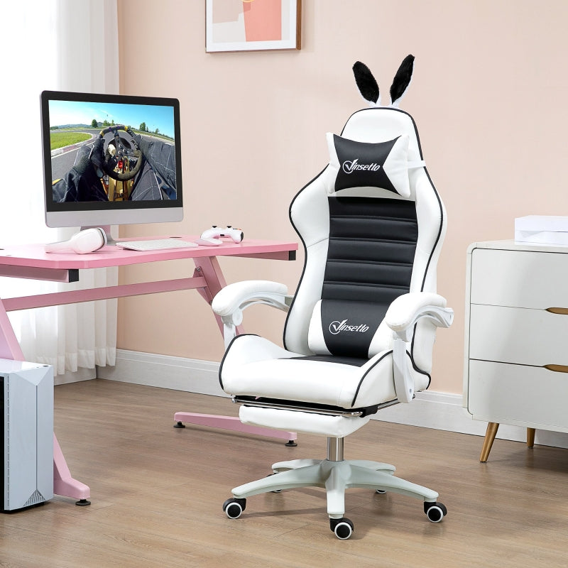Vinsetto Cadeira Gaming Giratória de Couro PU com Altura Ajustável Inclinável 135° Apoio para a Cabeça 65x63x136-142 cm Branco e Preto