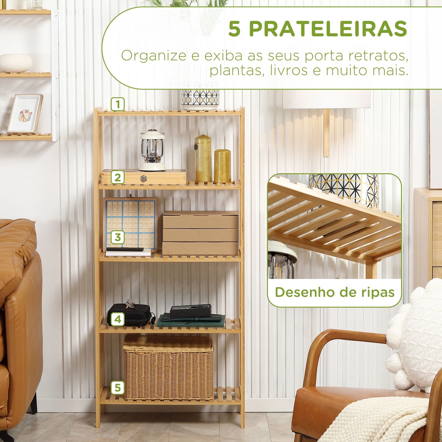 HOMCOM Estante de Bambu de 4 Níveis Estante Moderna de Armazenamento Anti-Tombo 60x26x130cm Madeira