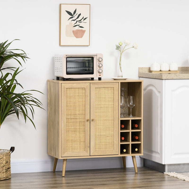 HOMCOM Aparador de Cozinha Móvel Buffet com 2 Portas de Vime Prateleira Aberta e Suporte para 6 Garrafas 83x39x88,5cm Madeira