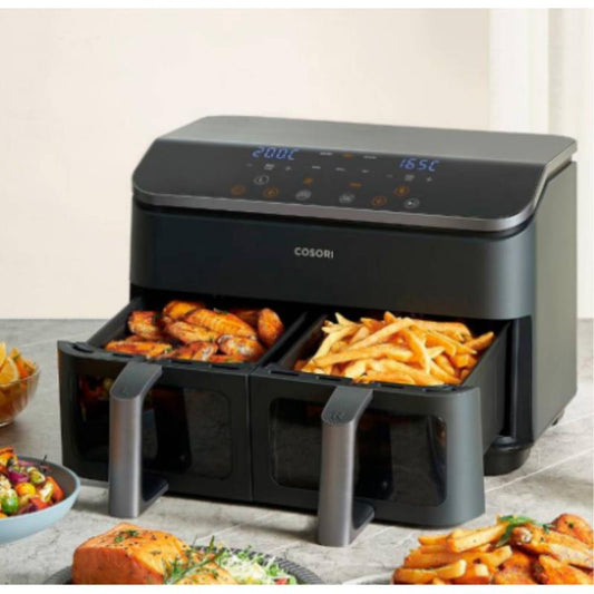 COSORI Frigideira de ar com cesta dupla 8,5 l, Air Fryer com janela e iluminação interior, fritadeira sem óleo com função SYNC, 10 em 1, 35-230 °C, inclui 4 acessórios gratuitos, CAF-R901