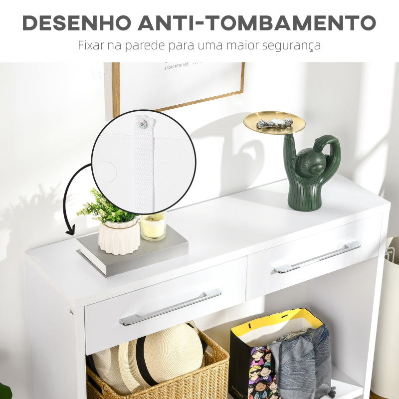 HOMCOM Mesa Consola com 2 Gavetas Prateleira de Armazenamento Móvel de Entrada Estilo Moderno Carga 50kg 101,6x28x76,2cm Branco