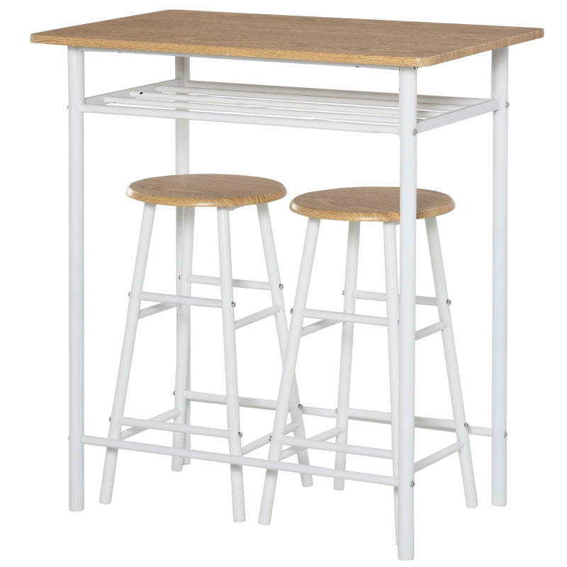 HOMCOM Conjunto de Móvel Bar com Mesa Alta e 2 Bancos com Prateleira de Armazenamento e Estrutura de Metal 80x50x90cm Branco e Madeira