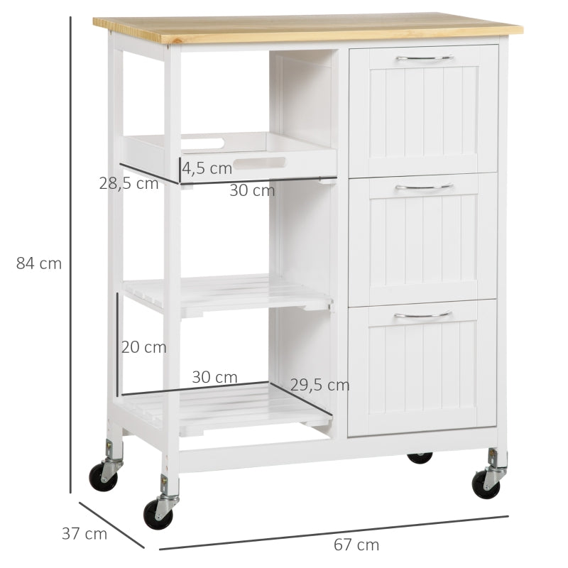 HOMCOM Carrinho de Cozinha com Rodas Carrinho de Serviço para Sala de Jantar  67x37x84cm Branco