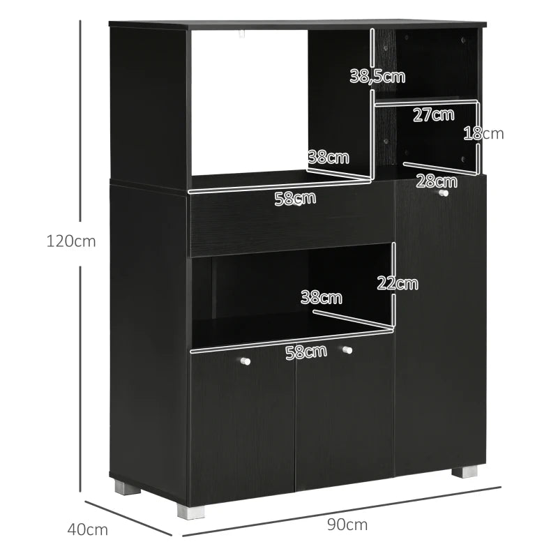 HOMCOM Aparador Auxiliar para Microondas Buffet de Cozinha com 2 Armários com Portas 1 Gaveta e Prateleiras 90x40x120 cm Preto