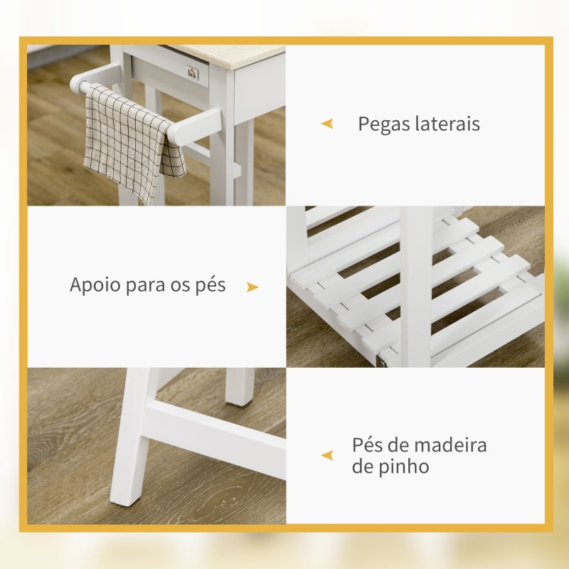 HOMCOM Conjunto de Mesa e 2 Bancos para Cozinha Mesa com Rodas Bancada Dobrável 2 Gavetas e Prateleira 87x74x86cm Carvalho e Branco