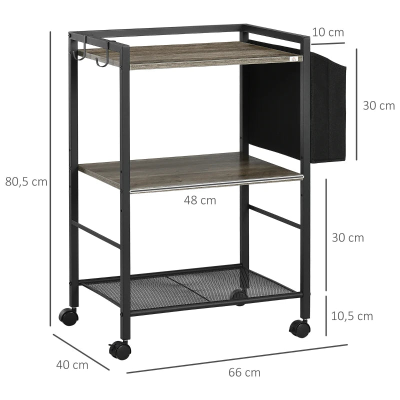 HOMCOM Carrinho Auxiliar com Rodas Carrinho de Armazenamento de 3 Níveis com Bolsa de Tecido 2 Ganchos 66x40x80,5cm Cinza