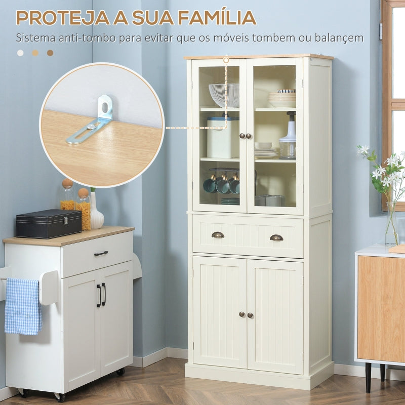 HOMCOM Armário de Cozinha com 2 Portas de Vidro 1 Gaveta e Prateleira Ajustável Móvel Auxiliar de Cozinha 76x40x182,5cm Creme