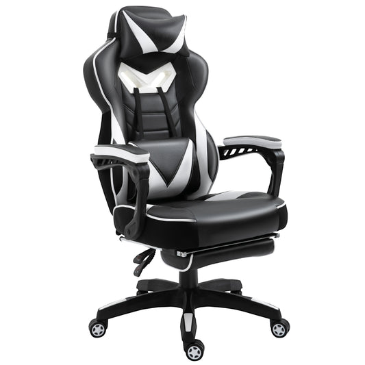 Vinsetto Cadeira de escritorio gaming ergonômica Altura ajustável Reclinável Encosto com apoio para pés 65x70x118,5-128,5 cm Branco e Preto