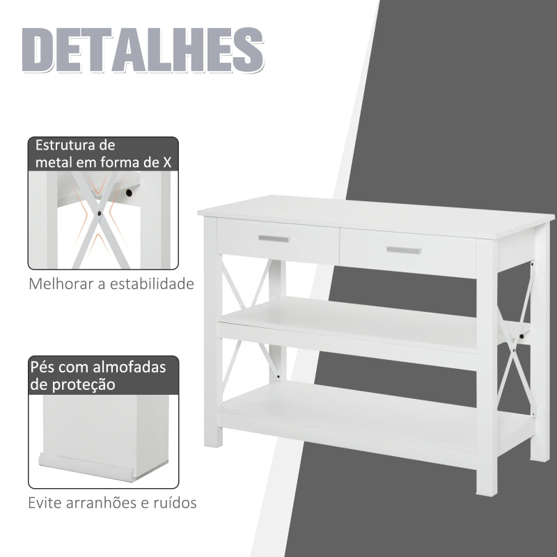 HOMCOM Mesa consola tipo aparador de estilo moderno com 2 gavetas e prateleiras inferiores 105x40x76 cm Branco