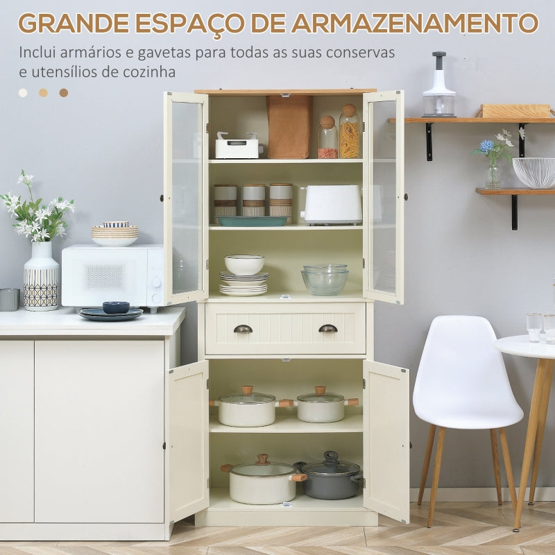 HOMCOM Armário de Cozinha com 2 Portas de Vidro 1 Gaveta e Prateleira Ajustável Móvel Auxiliar de Cozinha 76x40x182,5cm Creme