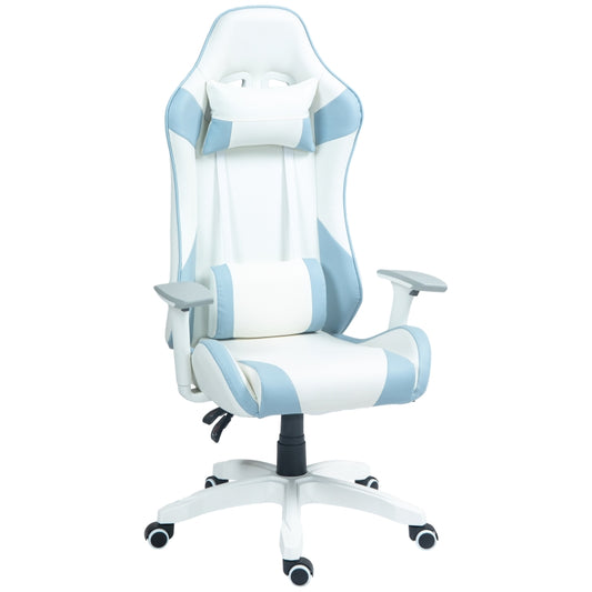 HOMCOM Cadeira Gaming Reclinável com Almofada Lombar Apoio de Cabeça Basculante e Altura Ajustável 67x60x120-128 cm Branco e Azul