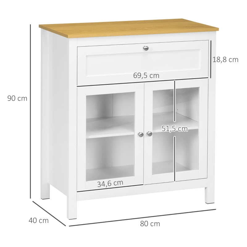 HOMCOM Aparador de Cozinha Moderno Móvel Buffet Auxiliar com Gaveta Prateleira Ajustável e 2 Portas de Vidro 80x40x90 cm Branco e Madeira