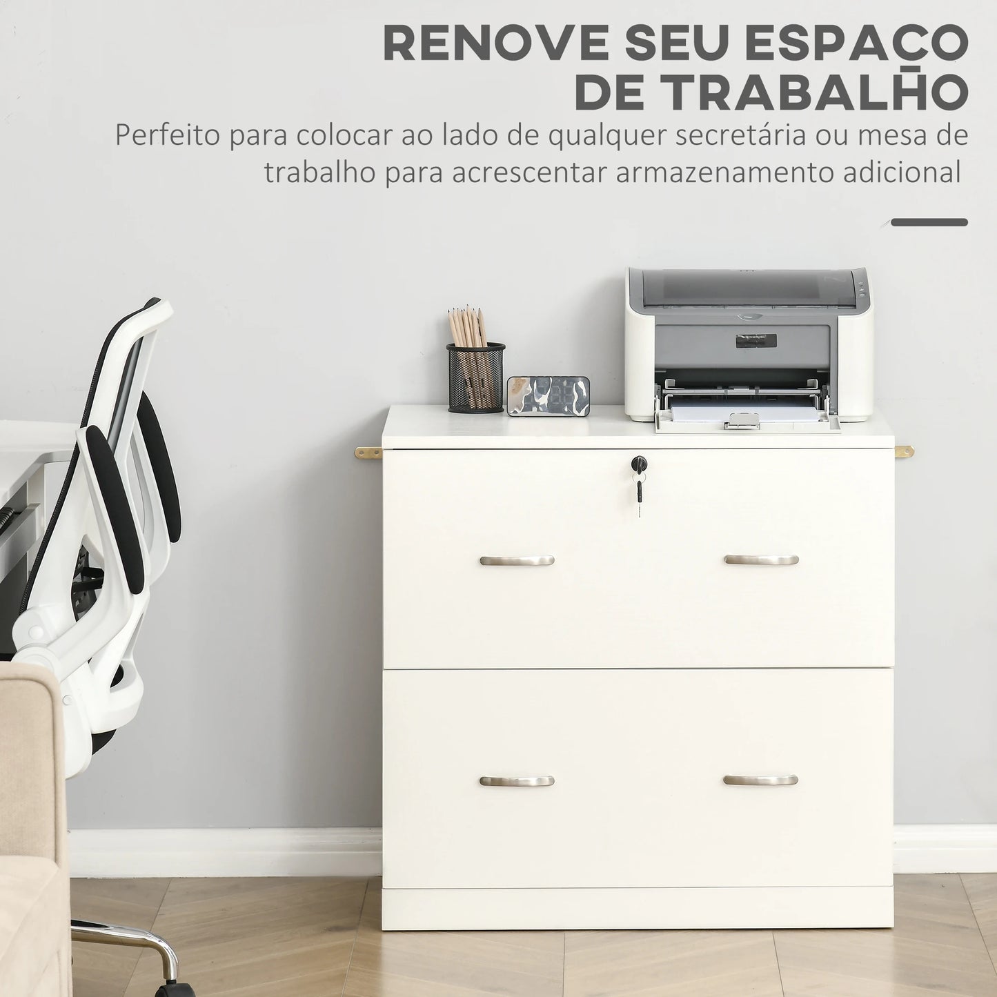 Vinsetto Armário com Gavetas para Escritório Armário de Arrumação de Escritório com Fechadura e 2 Chaves 74x42x72cm Branco