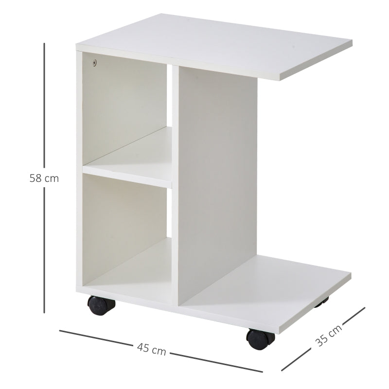 HOMCOM Mesa de Apoio para Sofá em forma de C com prateleiras e rodas para sala de estar e quarto 45x35x58 cm Branco