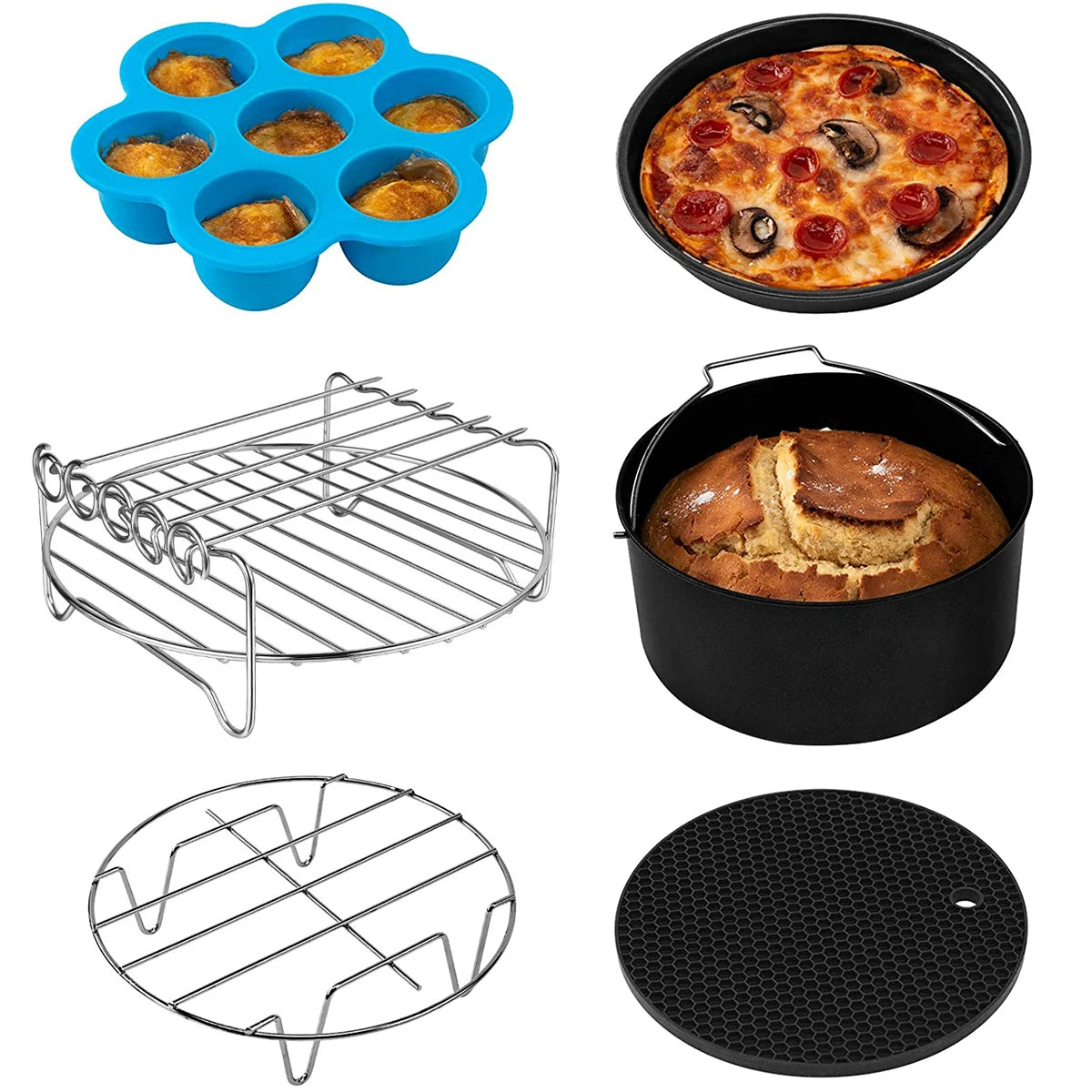 Air Fryer Acessórios Set de 6, Cozinhar e Assar Set, Pizza Pan, Bolo Pan, Double-Layer Rack, Espetos, cozinhar Rack