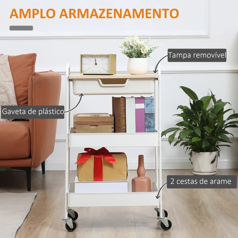 HOMCOM Carrinho de Cozinha com Rodas Carrinho de Armazenamento com Gaveta 2 Prateleiras e Rodas com Freios para Casa de Banho Sala de Estar Dormitório 43,9x30,5x75,6cm Branco e Madeira Natural