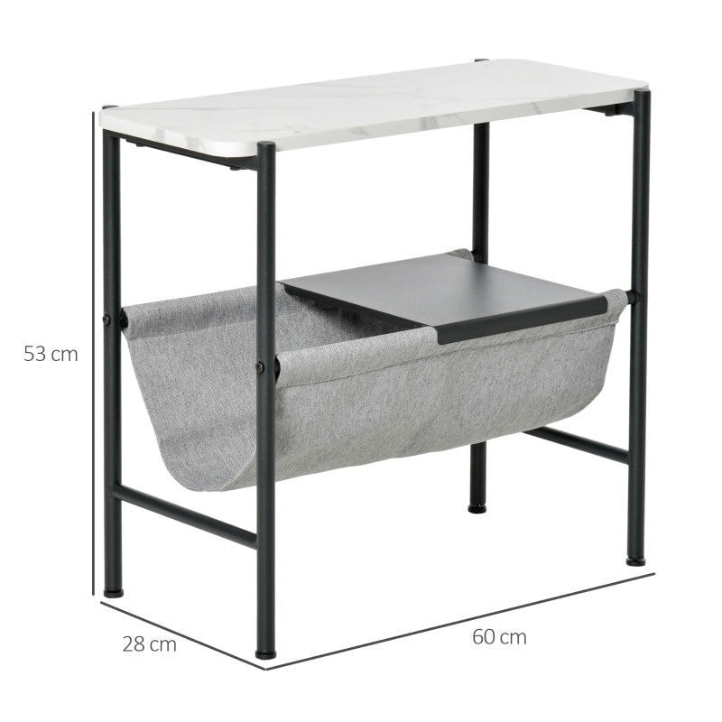 HOMCOM Mesa de Apoio com Bolso de Lona e Prateleira Removível Bancada Imitação Mármore 60x28x53cm Branco Cinza e Preto