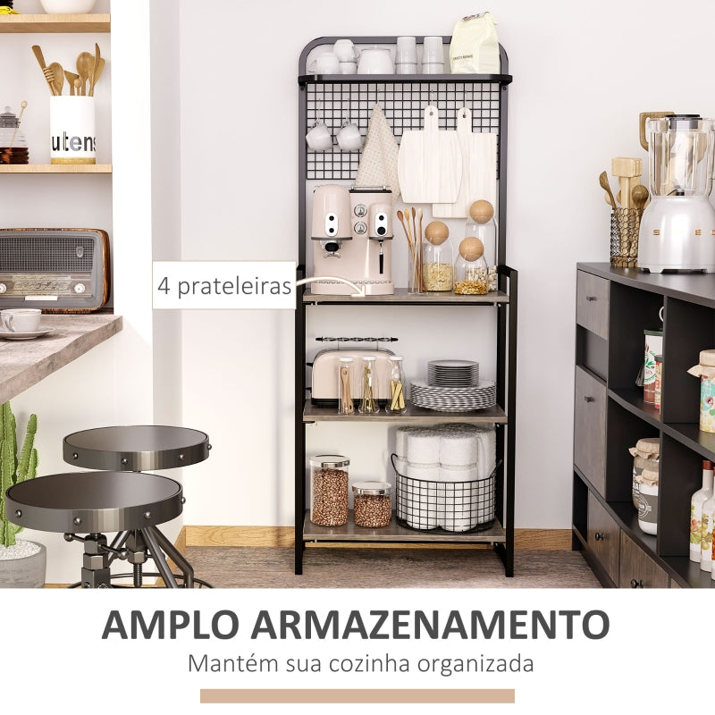 HOMCOM Estante Dobrável com 4 Níveis Estante de Estilo Industrial de Armazenamento com 5 Ganchos e Anti-Rolamento para Sala de Estar e cozinha 60x30x150cm Preto