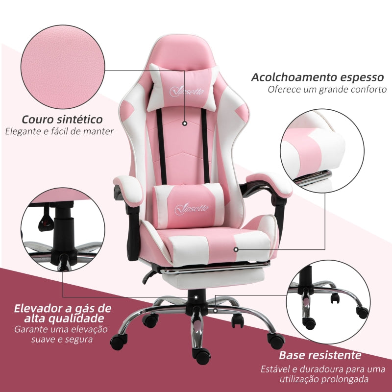 Vinsetto Cadeira de Gaming Reclinável Giratória com Apoio para a Cabeça Apoio para os Pés e Almofada Lombar 64x67x119-127 cm Rosa