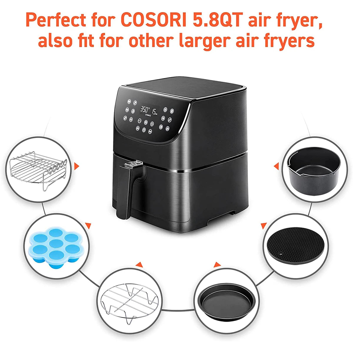 Air Fryer Acessórios Set de 6, Cozinhar e Assar Set, Pizza Pan, Bolo Pan, Double-Layer Rack, Espetos, cozinhar Rack