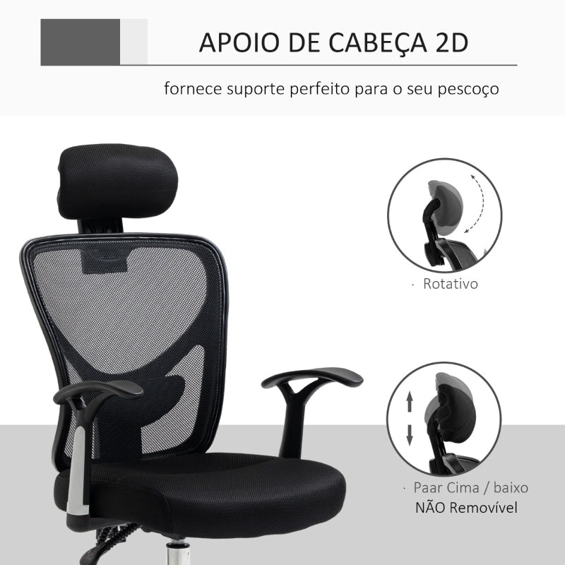 Vinsetto Cadeira de Escritório Ergonômica Cadeira de Escritório Giratória com Altura Ajustável Função Reclinável Apoio para a Cabeça e Suporte Lombar 65x67x108-118cm Preto