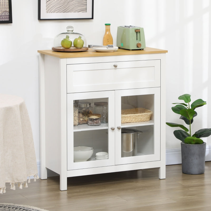 HOMCOM Aparador de Cozinha Moderno Móvel Buffet Auxiliar com Gaveta Prateleira Ajustável e 2 Portas de Vidro 80x40x90 cm Branco e Madeira