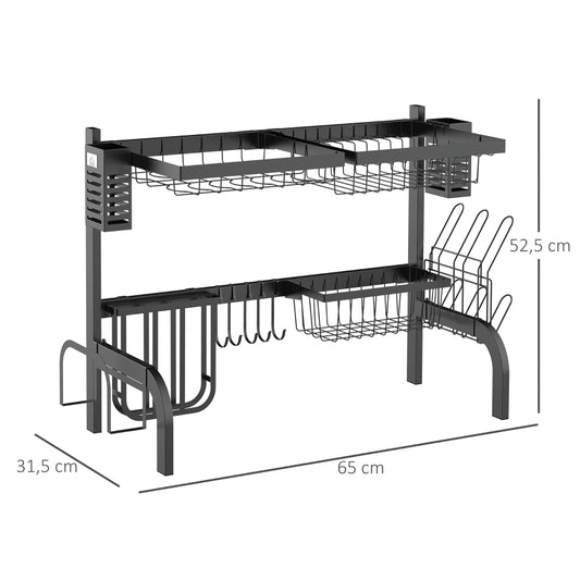 HOMCOM Escorredor de Louça de Aço de 2 Níveis com Suporte para Tábua Suporte para Talheres e 5 Ganchos 65x31,5x52,5cm Preto