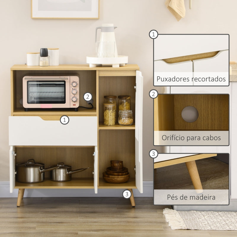 HOMCOM Aparador Auxiliar para Micro-Ondas Armário de Cozinha Moderno com Gaveta 3 Portas e Compartimento 90x40x98,5 cm Branco