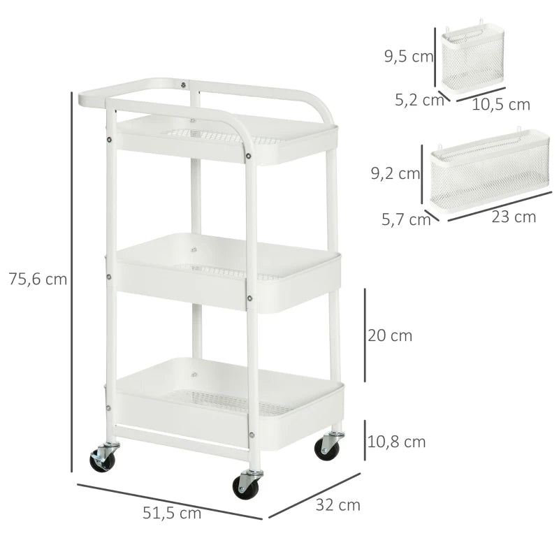 HOMCOM Carrinho de Cozinha com Rodas Carrinho de Armazenamento de 3 Níveis com 4 Ganchos 2 Cestas Alça de Transporte e Rodas com Freio para Casa de Banho Escritório Dormitório 51,5x32x75,6cm Branco