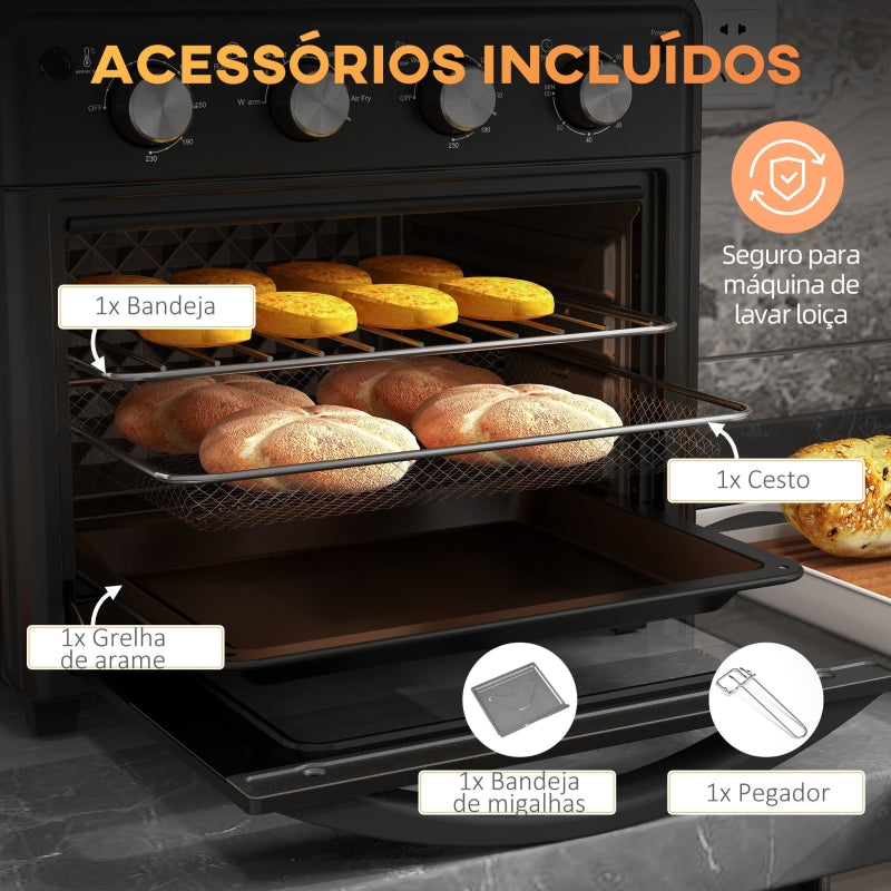 HOMCOM Mini Forno Elétrico 30L 1600W Mini Forno de Convecção com 7 Modos Temporizador e Temperatura Ajustável 43x39x39 cm Preto