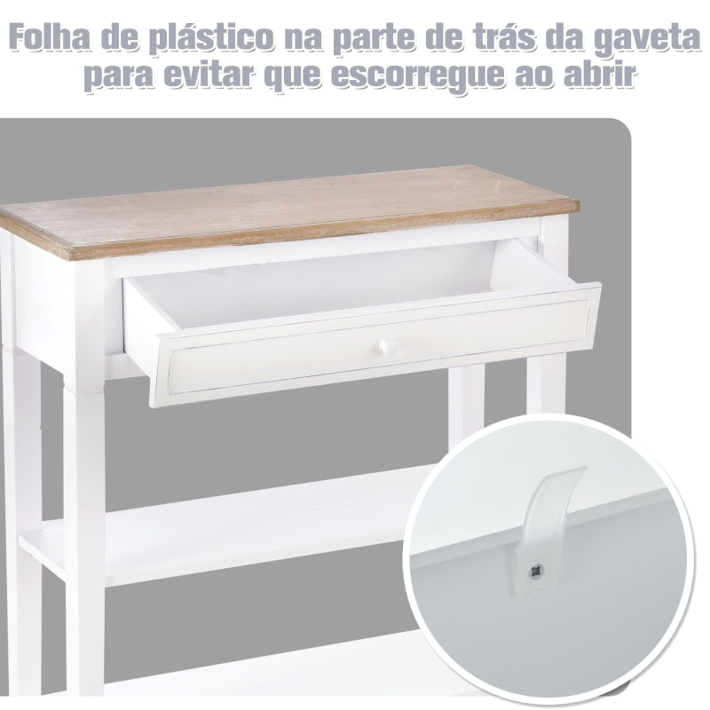 HOMCOM Mesa Consola Multifuncional Mesa auxiliar para Sala de Estar Corredor Sala de Jantar com 2 Prateleiras 1 Gaveta Removível puxador Estilo Retro Pinho 75,6x27,5x80,5 cm Madeira Natural Branco