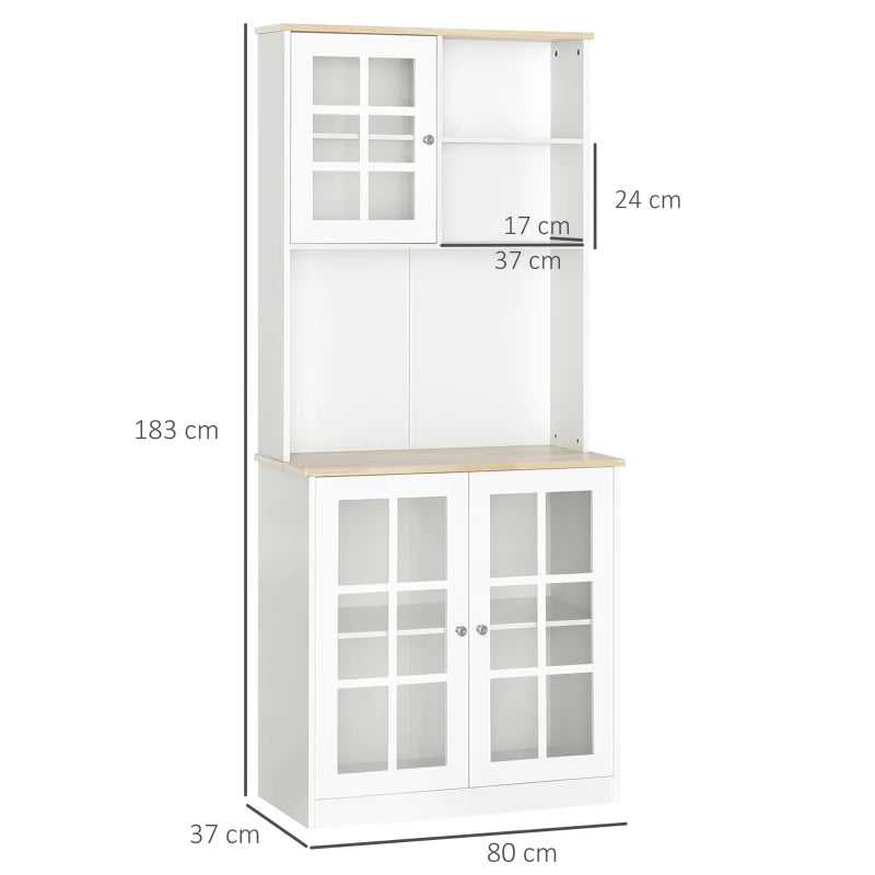 HOMCOM Armário de Cozinha com Prateleiras e Portas de Vidro para Pequenos Eletrodomésticos e Louças 80x37x183cm Branco