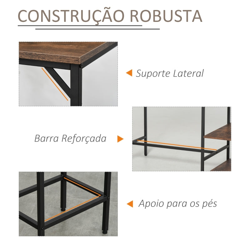 HOMCOM Conjunto de mesa de bar e 2 bancos com apoio para os pés e prateleiras de 3 níveis 109x60x100 cm marrom rústico