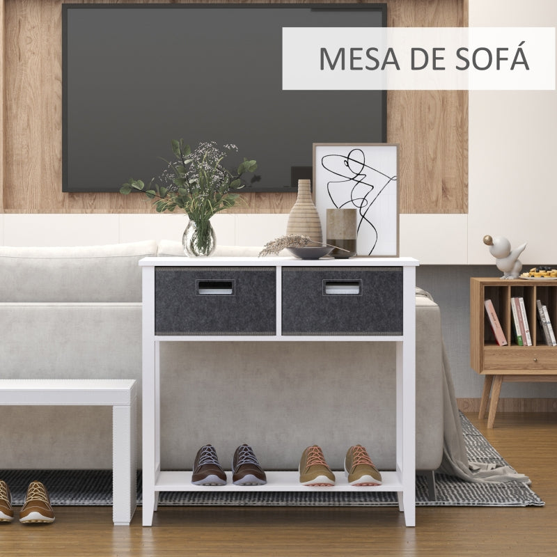 HOMCOM Mesa Consola com 2 Gavetas de Tecido 1 Prateleira de Armazenamento Móvel de Entrada para Corredor Sala de Estar 80x35x76cm Branco e Cinza