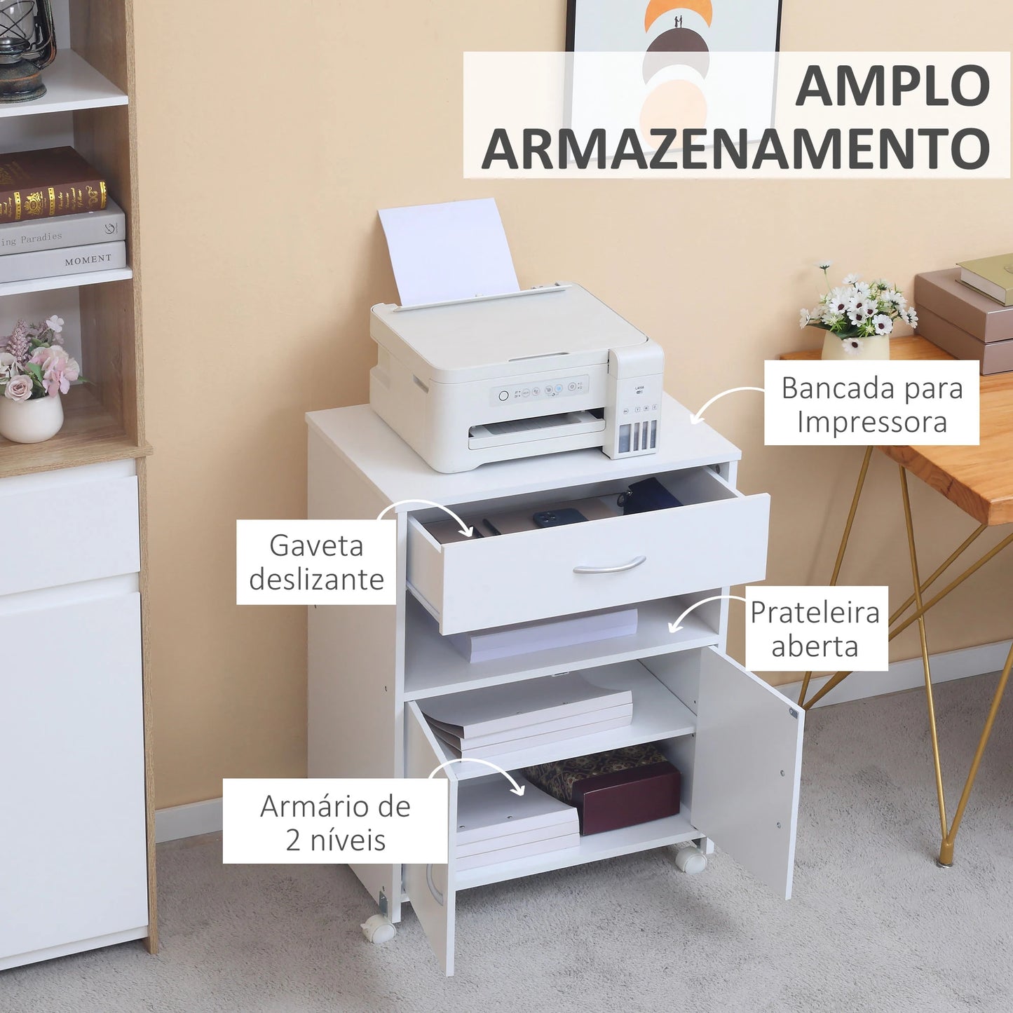 Vinsetto Armário para Impressora com Rodas e Gaveta 60x39x80cm Branco