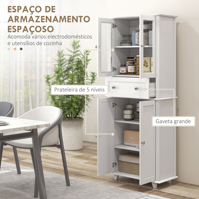 HOMCOM Armário de Cozinha Móvel Auxiliar de Cozinha com 2 Portas de Vidro Gaveta e Prateleiras Ajustáveis 61x35x168,5 cm Branco