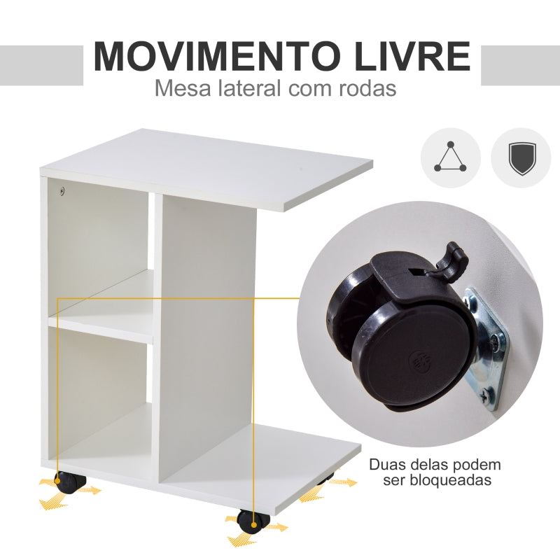 HOMCOM Mesa de Apoio para Sofá em forma de C com prateleiras e rodas para sala de estar e quarto 45x35x58 cm Branco