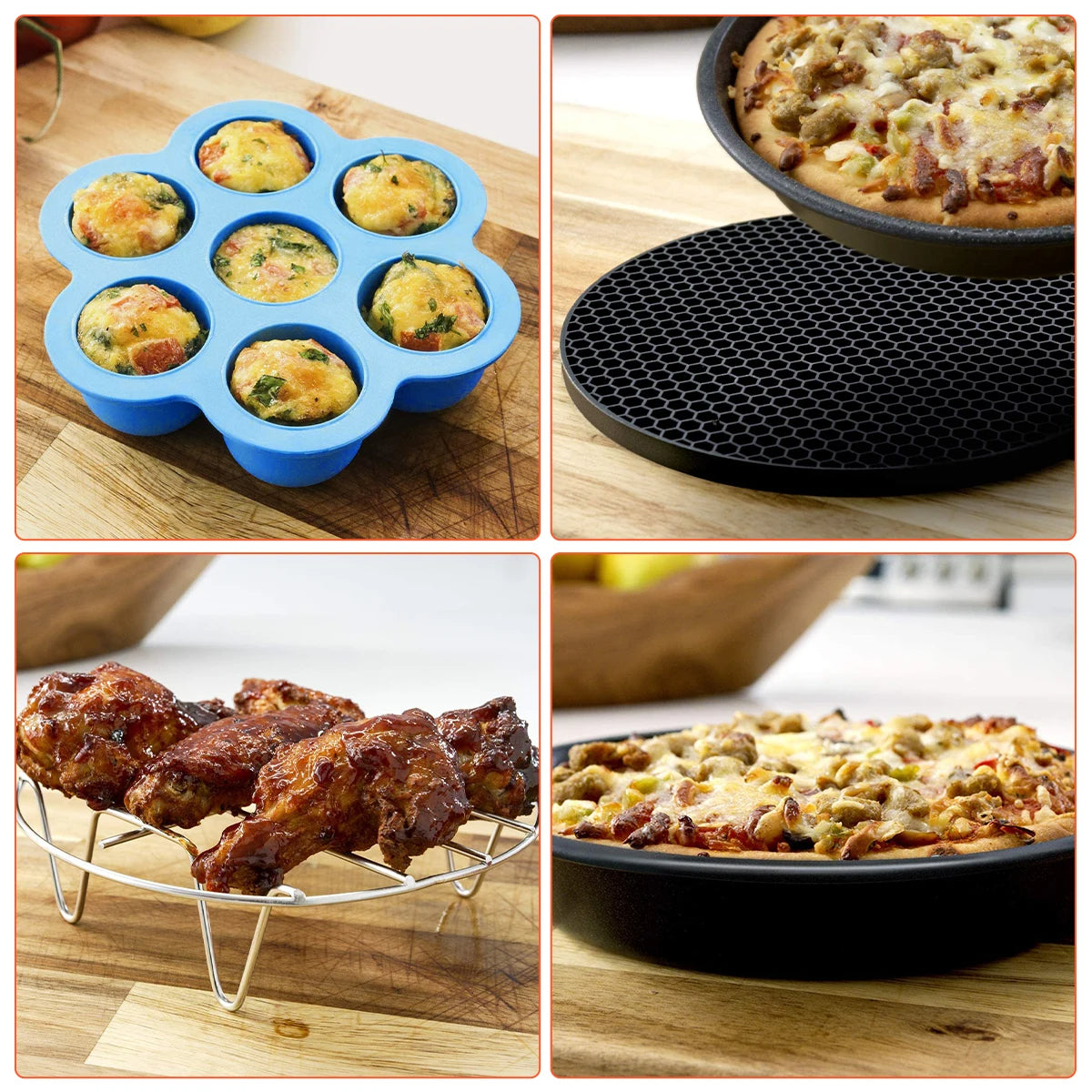 Air Fryer Acessórios Set de 6, Cozinhar e Assar Set, Pizza Pan, Bolo Pan, Double-Layer Rack, Espetos, cozinhar Rack