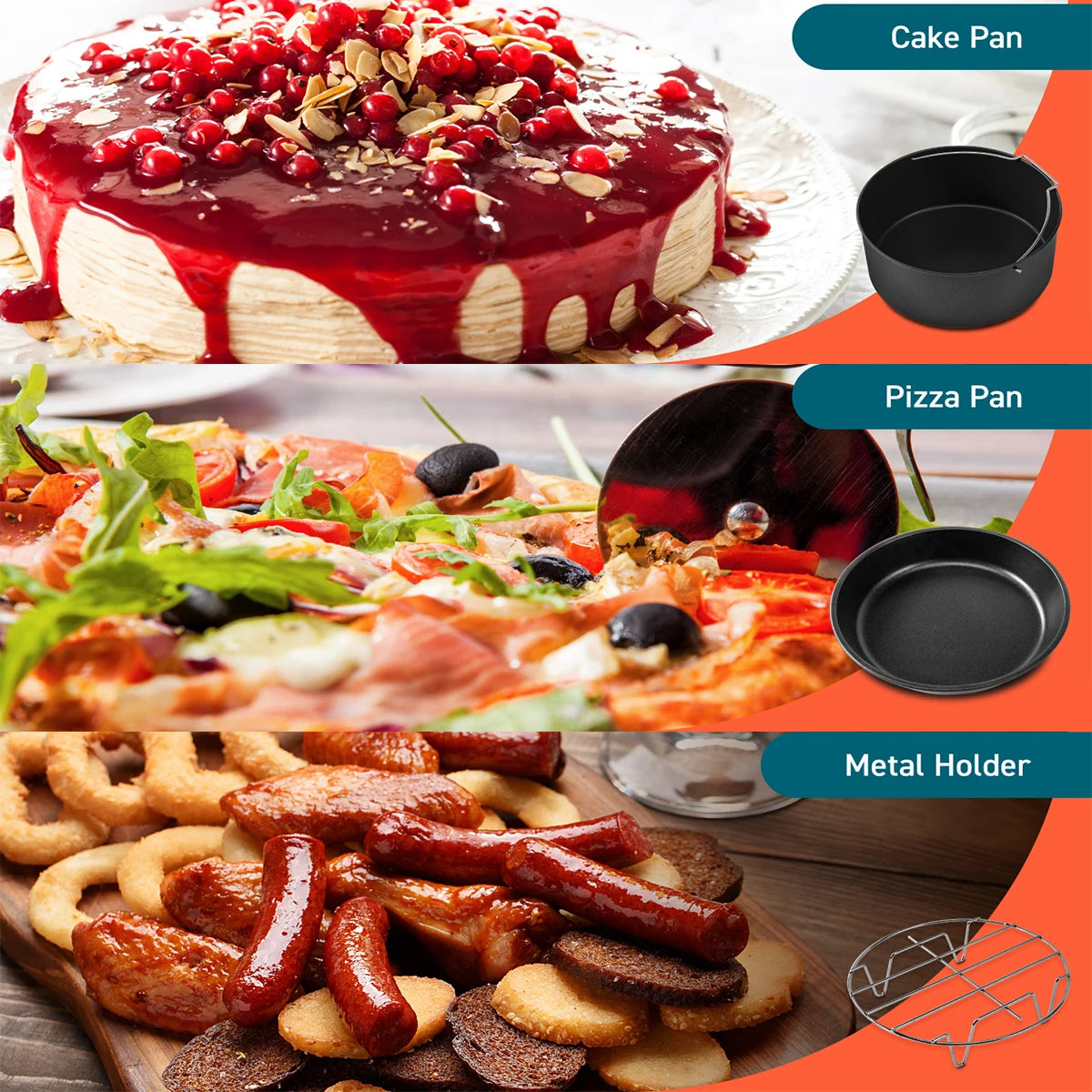 Air Fryer Acessórios Set de 6, Cozinhar e Assar Set, Pizza Pan, Bolo Pan, Double-Layer Rack, Espetos, cozinhar Rack