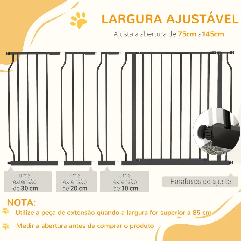 PawHut Barreira de Segurança para Cães com 3 Extensões Montagem a Pressão Duplo Bloqueio 75-145x76 cm Preto