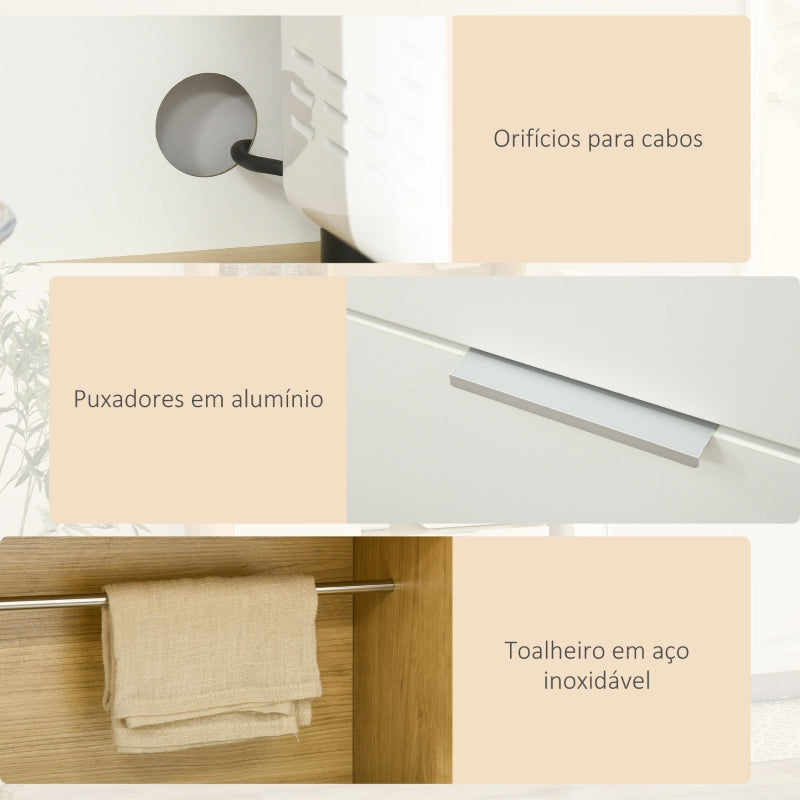 HOMCOM Armário de Cozinha com 3 Portas Gaveta Prateleira Ajustável Bancada para Micro-Ondas e Suporte para Panos 93x40x180 cm Madeira e Branco