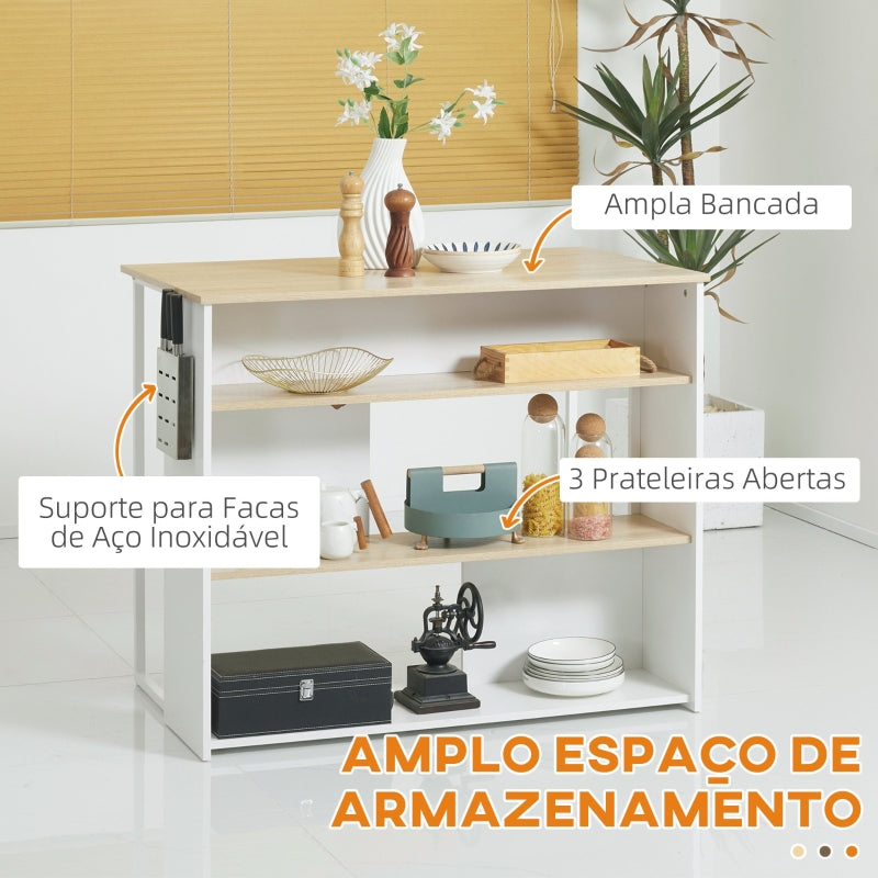 HOMCOM Ilha de Cozinha Moderna com 3 Prateleiras Abertas Suporte para Facas Microondas e Estrutura de Aço 105x65x90 cm Carvalho