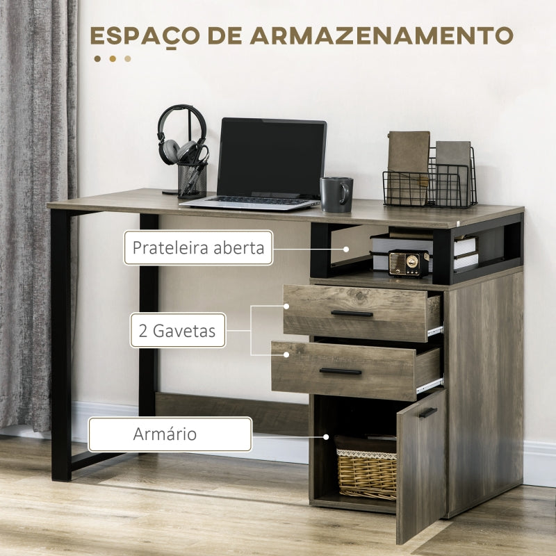 HOMCOM Secretária Mesa de Computador com Armário 2 Gavetas e Estrutura de Metal 119,5x56x76,8cm Marrom