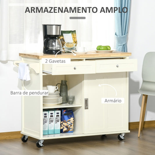 HOMCOM Ilha de Cozinha com 2 Armários Porta Corredeira 2 Gavetas e Barra para Panos Móvel Aparador com Rodas para Sala de Jantar 110x49,5x89,5cm Creme