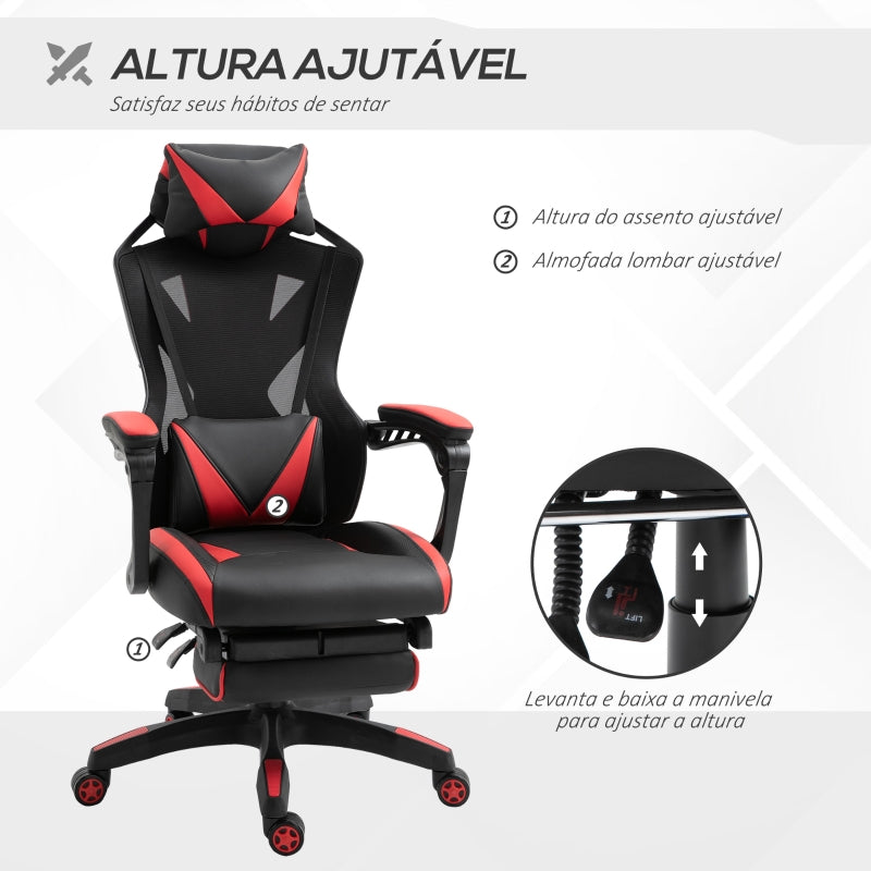 Vinsetto Cadeira Gaming Ergonómica Cadeira Gaming para Escritório com Altura Ajustável Encosto Regulável Almofada Lombar Apoio para os Pés Retráteis 65x70x117-125cm Vermelho