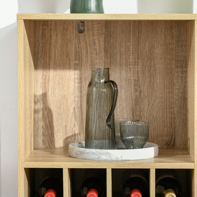 HOMCOM Aparador de Cozinha Armário com 1 Porta Prateleiras Abertas Suporte para 12 Garrafas e 6 Taças de Vinho para Sala de Jantar Bar Restaurante 76x35x97cm Madeira Natural